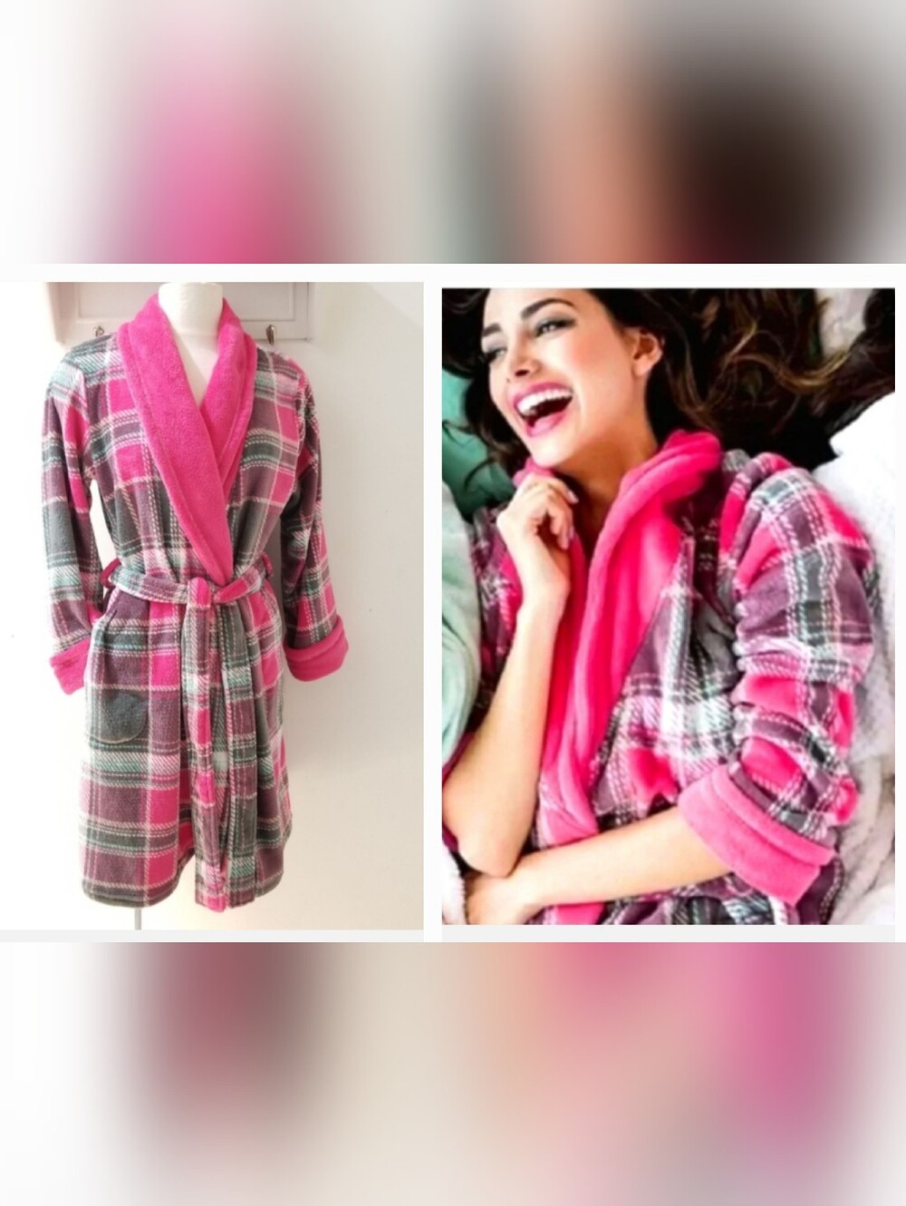 Ulta Beauty Hot Pink & Grey Plaid 35" Long Plush Bathrobe S/M